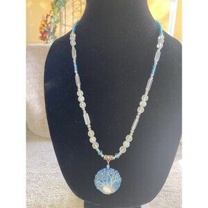 Handmade Tree Of Life Beaded Necklace Vintage Natural Colors Blue Multi 25”